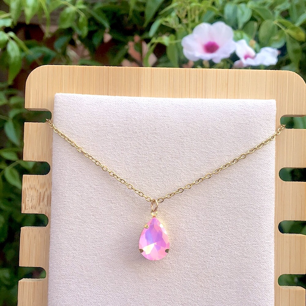 Pink Opal Aurora Borealis Pear Teardrop Crystal Pendant Necklace - Picture 9 of 14